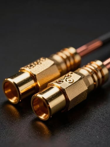 Extreme close-up of gold-plated XLR connectors and heavy-duty copper cables on a matte black surface, dramatic amber rim-lighting, low-key studio setting.