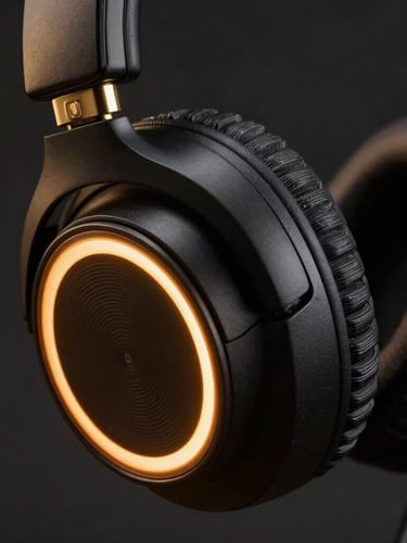Extreme close-up of a premium matte black headphone chassis with gold-plated metallic accents, dramatic amber rim lighting, dark studio background.