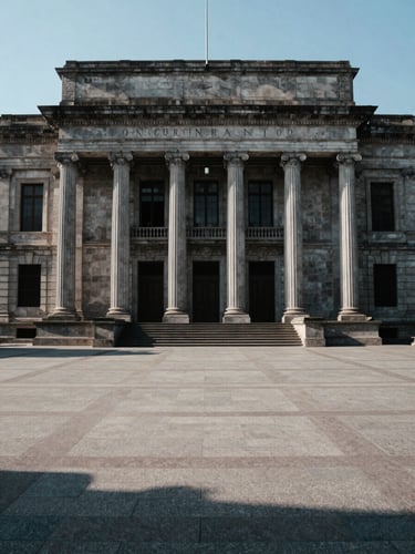 Wide architectural view of a civic government plaza in Asunción, Paraguay — neoclassical stone facade with tall columns centered in frame, cool midday light casting sharp shadows, empty foreground plaza with geometric paving, no people, austere and precise