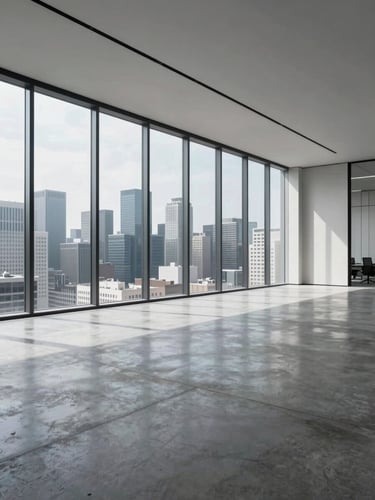 Wide architectural interior of a minimalist premium office — polished concrete floors, floor-to-ceiling glazing overlooking a city skyline, cool overhead daylight, no people, clean structural lines
