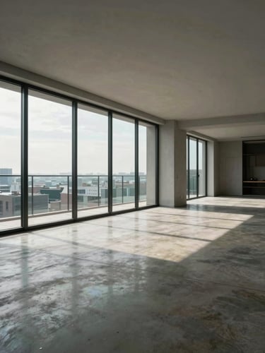 Wide architectural interior of a premium Asunción apartment — floor-to-ceiling windows, polished concrete floors, empty room, cool natural daylight from the left, minimal furnishing, sharp structural lines