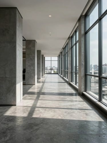 Interior corridor of a premium Asunción office building, cool natural light from floor-to-ceiling windows casting clean geometric shadows on polished concrete floors, empty hallway receding into depth, architectural precision, no people