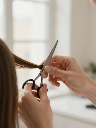 Close-up of professional hands performing precise hair styling scissor work, bright natural studio lighting, shallow depth of field, 35mm