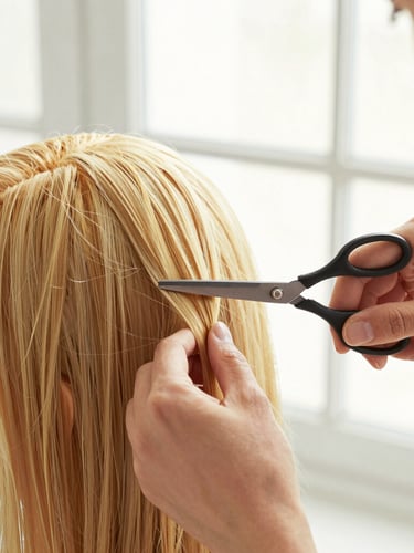 Close-up of hands-on hair styling training on a mannequin, precise scissor work under bright natural window light, shallow depth of field, warm gold tones