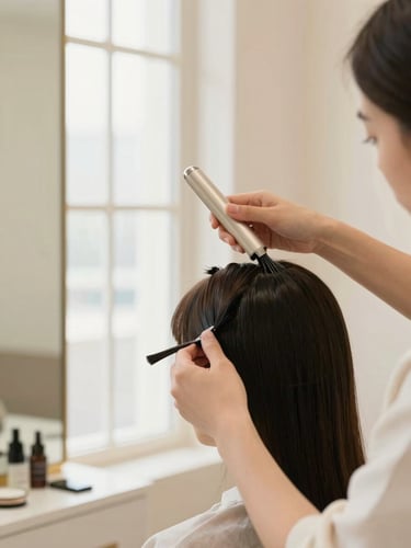 Medium close-up of a professional instructor guiding a student on precise hair styling techniques in a bright, clean training space. Soft natural window light, elegant cream and gold tones, shallow depth of field, 35mm lens.