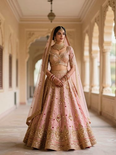 A stunning bridal lehenga in deep rose and gold, displayed in a naturally lit heritage palace corridor, soft window light, shallow depth of field