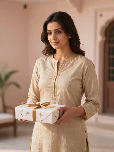 An elegant woman in a beige and gold kurti holding a beautifully wrapped signature gift box, soft natural lighting, heritage home background