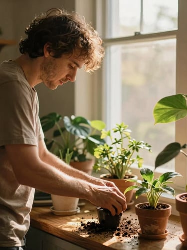 Warm editorial photography, soft natural golden-hour window light, a resident tending to indoor plants in a sunlit common room, shallow depth of field.