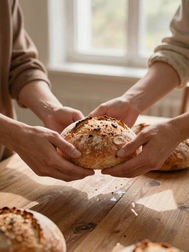 Warm editorial photography, close-up of hands sharing fresh bread around a wooden dining table, natural sunlight, earthy terracotta tones.