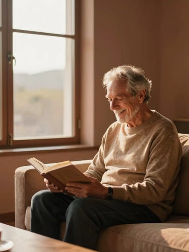 Warm golden-hour light streaming through a large window, a senior resident smiling while reading a book in a beautifully designed, minimalist terracotta-toned living room.