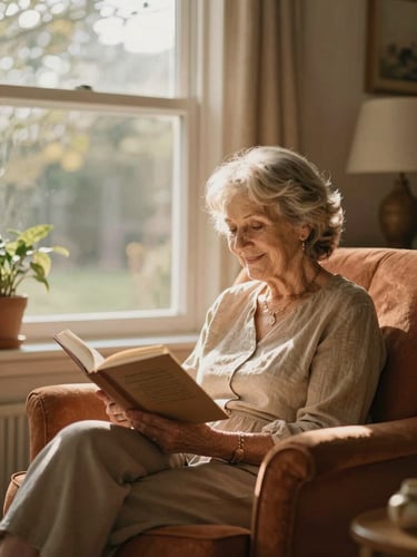 Warm natural golden-hour light shining through a large window into a cozy living room of a residence, a senior woman smiling gently while reading a book on a terracotta armchair, shallow depth of field, authentic moment