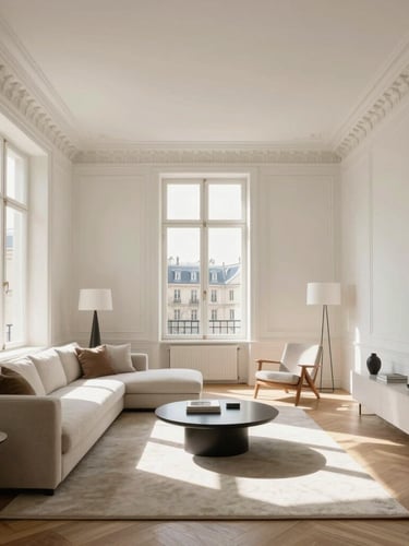 Wide architectural shot of a pristine, sunlit Parisian apartment living room with high ceilings, crown molding, minimalist premium furniture, natural daylight streaming through large windows, soft shadows.