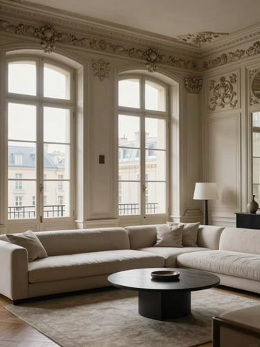 Photographie architecturale en contre-plongee d'un salon parisien lumineux, hauts plafonds avec moulures d'epoque, mobilier minimaliste contemporain aux tons neutres, lumiere douce du matin traversant de grandes fenetres.