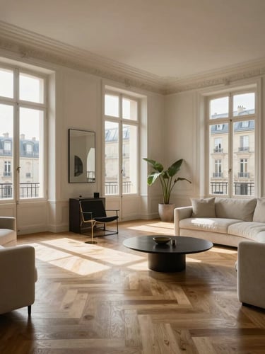 Wide architectural shot of a sunlit Parisian Haussmannian living room, high ceilings, pristine herringbone parquet floors, minimalist luxury furniture, soft natural daylight pouring through tall windows.