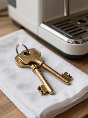 Tight macro shot of a pair of heavy brass keys resting on a crisp, folded white linen napkin next to a high-end espresso machine, soft morning light, shallow depth of field.