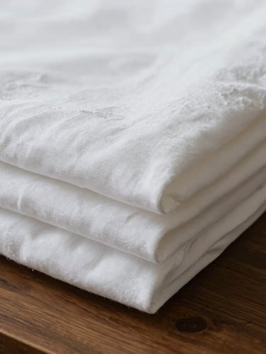 Close-up of crisp, perfectly folded white linen sheets resting on a dark wood table, soft natural side light