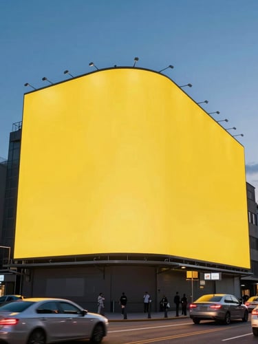 Low-angle perspective shot of a massive physical billboard on a busy urban avenue at dusk, vibrant yellow lighting, cars passing by leaving light trails.