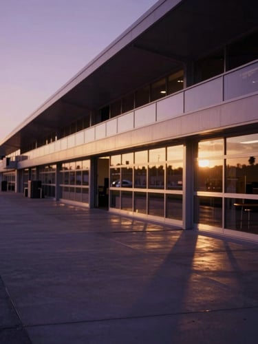 Cinematic editorial photography, twilight view of an empty racetrack paddock, soft golden-hour ambient light reflecting off architectural glass and polished concrete, 35mm.