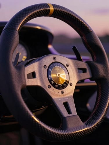 Cinematic editorial photography, close-up of a Formula 1 steering wheel with intricate carbon fiber detailing, soft golden twilight reflections on metallic dials, shallow depth of field.