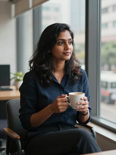 Warm editorial portrait of a modern Indian professional woman sitting by a large window in a Bangalore office, holding a coffee cup, soft natural light, rich deep tones, candid, shallow depth of field, 35mm