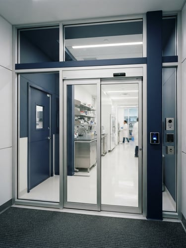 Clinical editorial photography of a modern high-security laboratory entrance with clean geometric glass lines, cool clinical light, sharp focus, 35mm