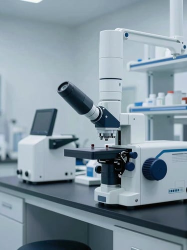 Clinical editorial photography of a high-tech laboratory environment with sterile medical equipment installations, cool crisp light, deep navy tones, sharp focus