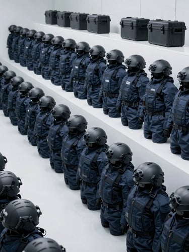 Non-armed tactical logistics warehouse, rows of protective gear, communication helmets, and transport cases, cool professional daylight, clinical editorial photography, 35mm.