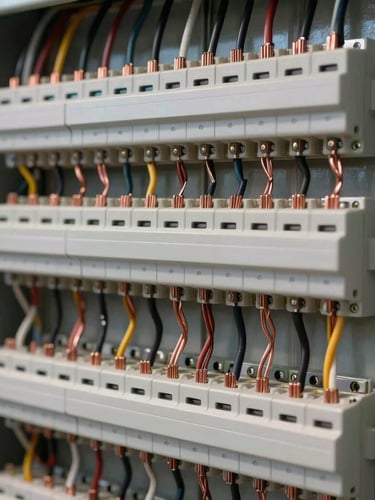 Macro shot of a highly organized electrical distribution board, perfectly routed copper wires in parallel rows, clean industrial technical lighting, architectural precision.