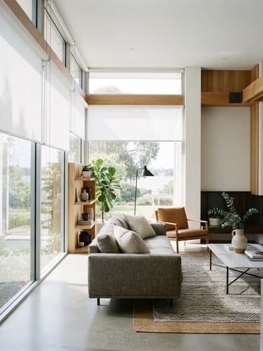 Bright architectural photography of a modern living room in Canning with large windows, natural daylight streaming through crisp white sunscreen roller blinds, high-contrast, 35mm