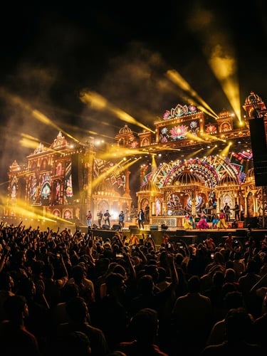 Dramatic wide-angle shot of a massive Indian music festival stage at night, glowing LED walls, golden spotlights cutting through deep black shadows, roaring crowd silhouette in the foreground. High-contrast stage lighting, rich gold tones.