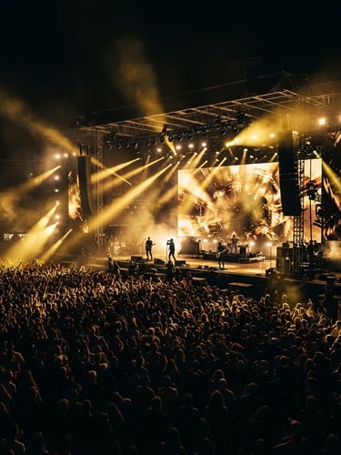 Dramatic wide-angle shot of a massive live concert stage at night, glowing LED walls, golden spotlights cutting through deep shadows, huge energetic crowd in silhouette.