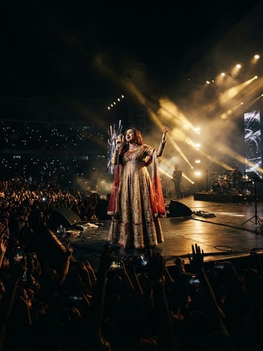 Dramatic wide-angle portrait of a Bollywood singer performing live on a massive stage, golden spotlights cutting through deep shadows, crowd silhouettes in the foreground.