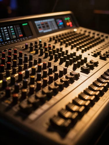 Close-up of a professional sound console under warm golden stage lighting, deep shadows, high-contrast luxury aesthetic.