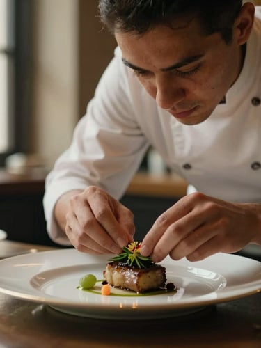 A candid medium close-up of a professional head chef adjusting a garnish on an elegant plate, warm low-key lighting, soft brass tones in the background, shallow depth of field, 35mm