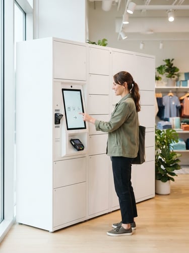 A bright modern retail pickup locker area with clean white lockers, soft natural daylight streaming in, a customer interacting with a digital screen.