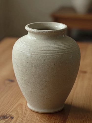 Close-up detail of a handmade, textured ceramic urn sitting on a warm wooden table, soft natural side light, quiet and comforting atmosphere.