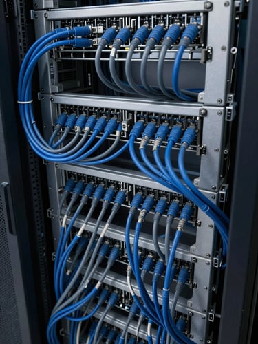 Extreme close-up overhead view of dense server rack cabling and patch panels inside a data center, high-contrast studio lighting, tightly organised cables in deep blue and grey tones, sharp technical detail, no people