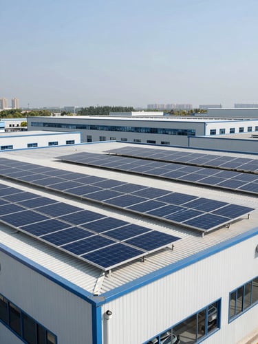 Industrial solar-panel installations integrated with modern automotive facility roof, bright daylight, crisp focus, 35mm