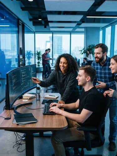 A medium shot of software engineers collaborating in a high-tech modern office, cool blue ambient light reflecting off clean glass partitions, sharp focus, 35mm