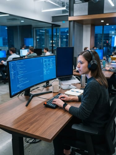 Crisp corporate photography of a clean modern tech environment with blue ambient screen glow, sharp focus, 35mm