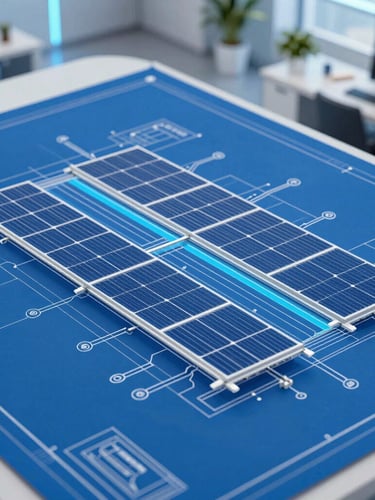 Technical blueprint schematic of a solar power grid integrated with an automotive assembly plant, clean vector lines, blueprint blue background, electric blue accents, 35mm