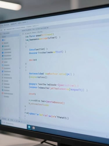 Close-up of clean, structured code on a vertical monitor in a modern IT office, soft blue light casting subtle shadows, crisp corporate photography, 35mm