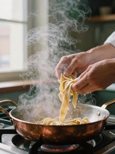 Close-up of steam rising from a hot copper pan in a warm Scandinavian-style restaurant kitchen, chef's hands tossing fresh pasta, soft natural window light, 35mm film look