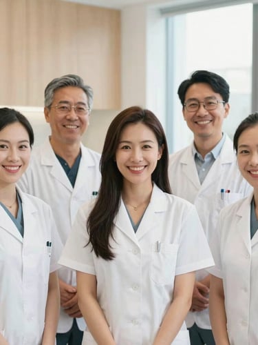 A bright, high-key environmental portrait of diverse multilingual dental clinicians smiling warmly together in a modern Houston clinic with soft wood finishes.