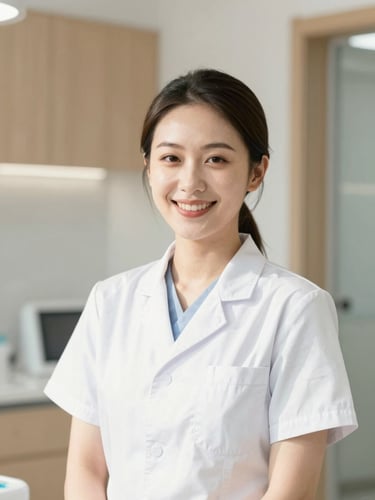 A bright, high-key portrait of a welcoming female dentist of East Asian heritage smiling warmly in a modern, sunlit clinic with soft wood accents.