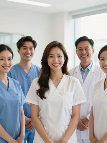 A bright high-key portrait of a diverse, welcoming dental team smiling warmly in a modern, sunlit clinic lobby.