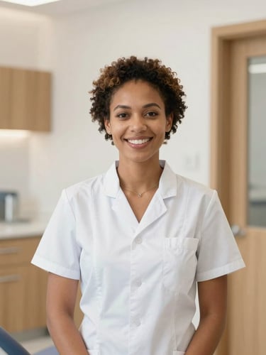 Portrait of a welcoming female dentist of diverse background standing in a bright modern clinic, warm wood accents, soft natural daylight, shallow depth of field