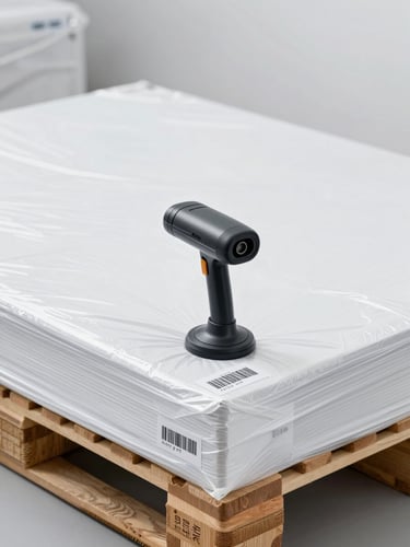 Close-up of sealed cargo pallets with barcode scanners in a modern warehouse, clean corporate photography, bright neutral studio light, slate and white tones, sharp focus, 35mm