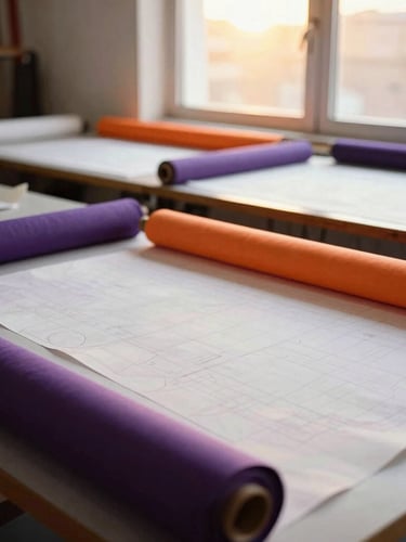 A wide environmental shot of a fashion design studio, cutting tables covered in paper patterns, fabric rolls in deep purple and orange, soft natural light, 35mm.