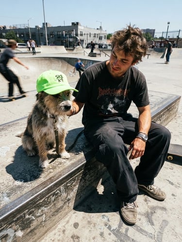 Low-angle wide shot of a dog wearing a neon green embroidered streetwear cap sitting next to its owner on a concrete skatepark ledge. Harsh direct midday sunlight with strong shadows, gritty streetwear photography style, 35mm wide-angle lens.